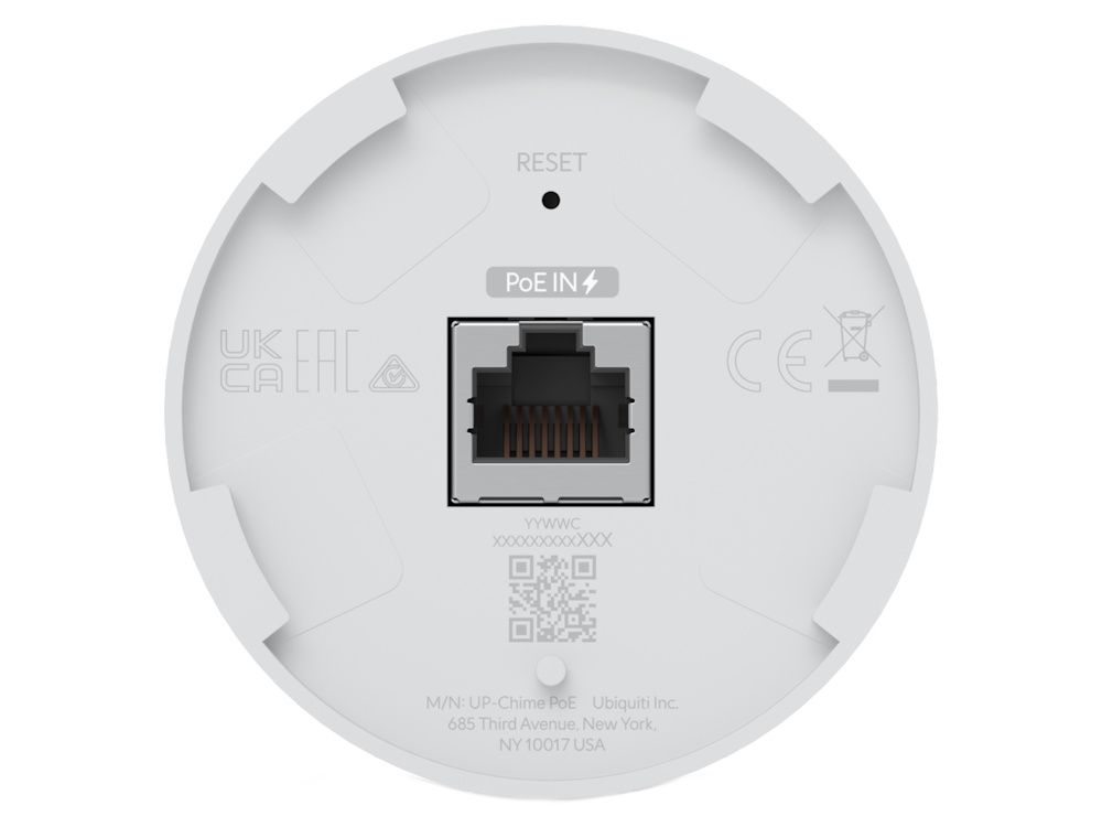 Achterkant van de Ubiquiti UniFi PoE Smart Chime met ethernetpoort voor PoE en de reset knop