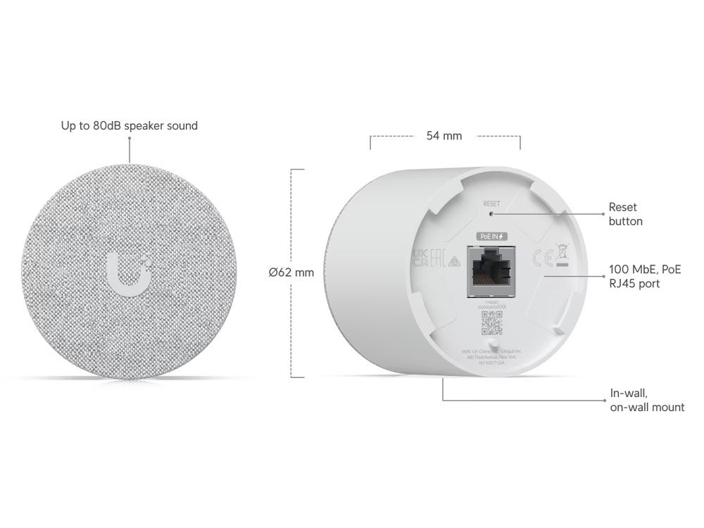 Specificaties van de voorkant en achterkant van de Ubiquiti UniFi PoE Smart Chime