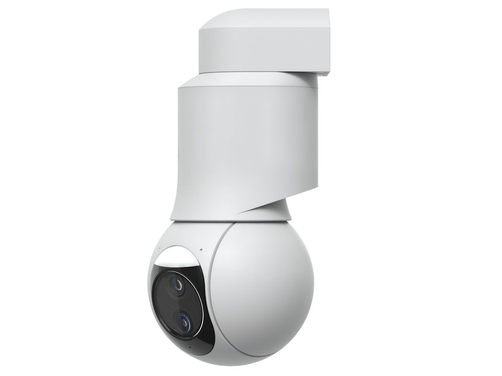 Voorkant en rechter zijkant van de Ubiquiti UniFi Protect G6 PTZ (UVC-G6-PTZ-W) 4K PTZ-camera voor buiten