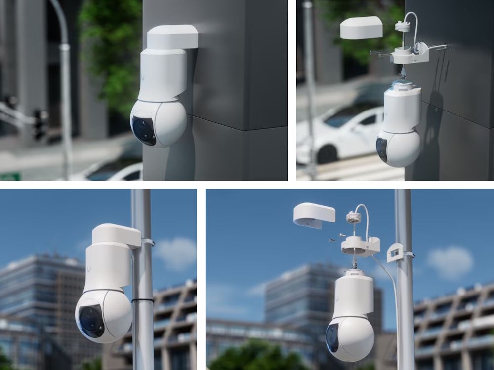 De Ubiquiti UniFi Protect G6 PTZ (UVC-G6-PTZ-W) 4K PTZ-camera voor buiten geïnstalleerd in verschillende outdoor omgevingen