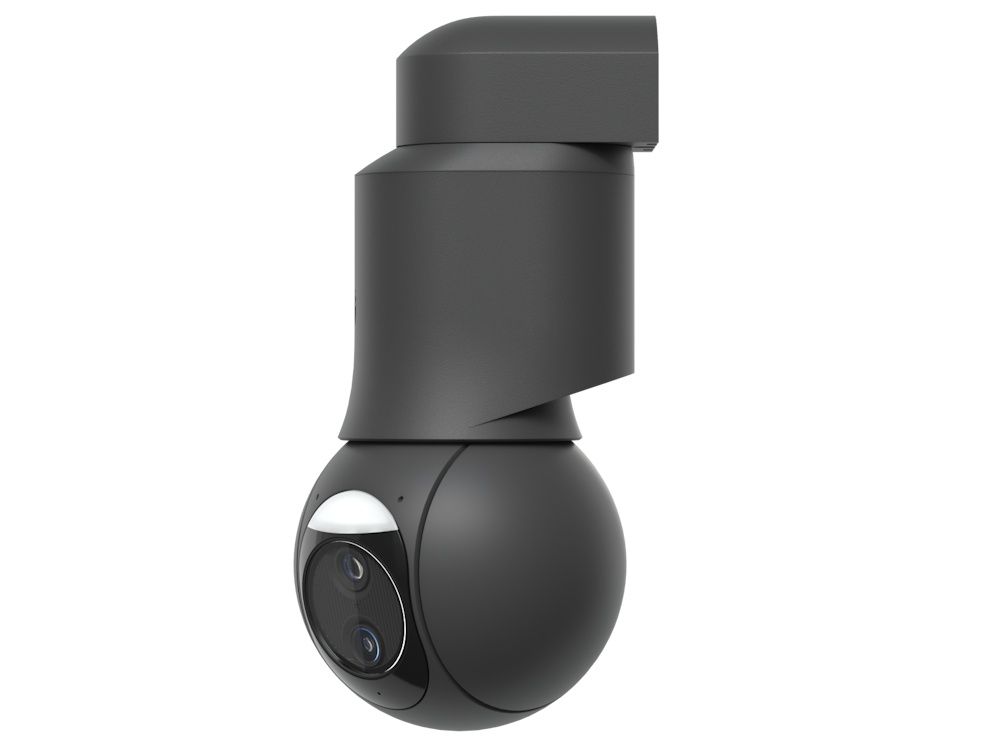 Voorkant en rechter zijkant van de Ubiquiti UniFi Protect G6 PTZ (UVC-G6-PTZ-B) 4K PTZ-camera voor buiten