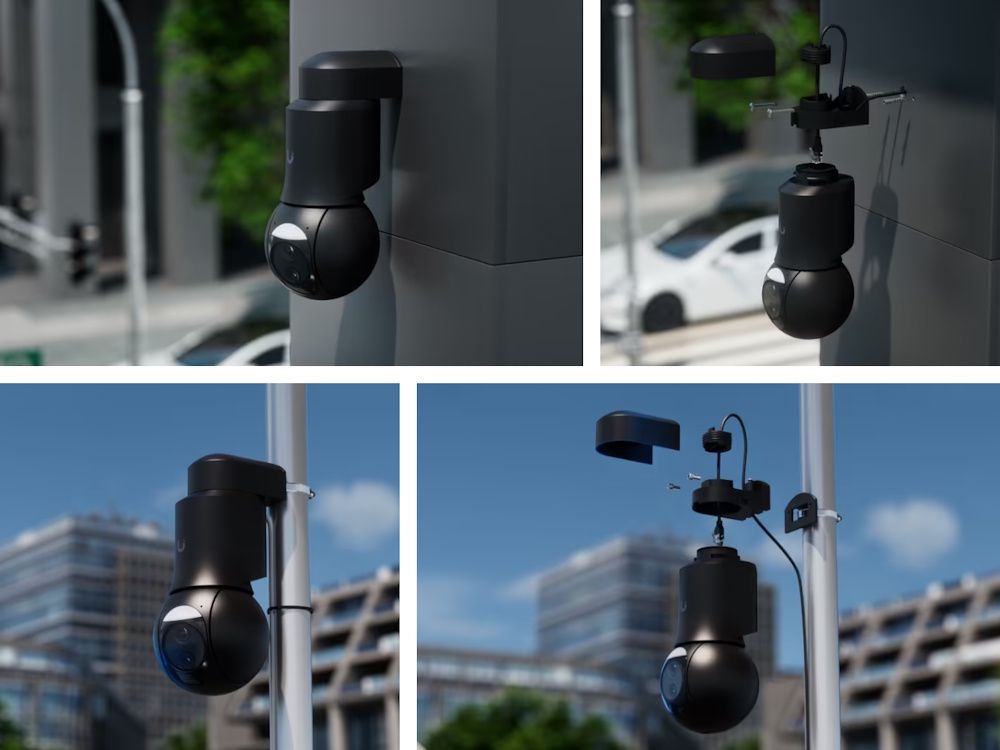 De Ubiquiti UniFi Protect G6 PTZ (UVC-G6-PTZ-B) 4K PTZ-camera voor buiten geïnstalleerd in verschillende outdoor omgevingen
