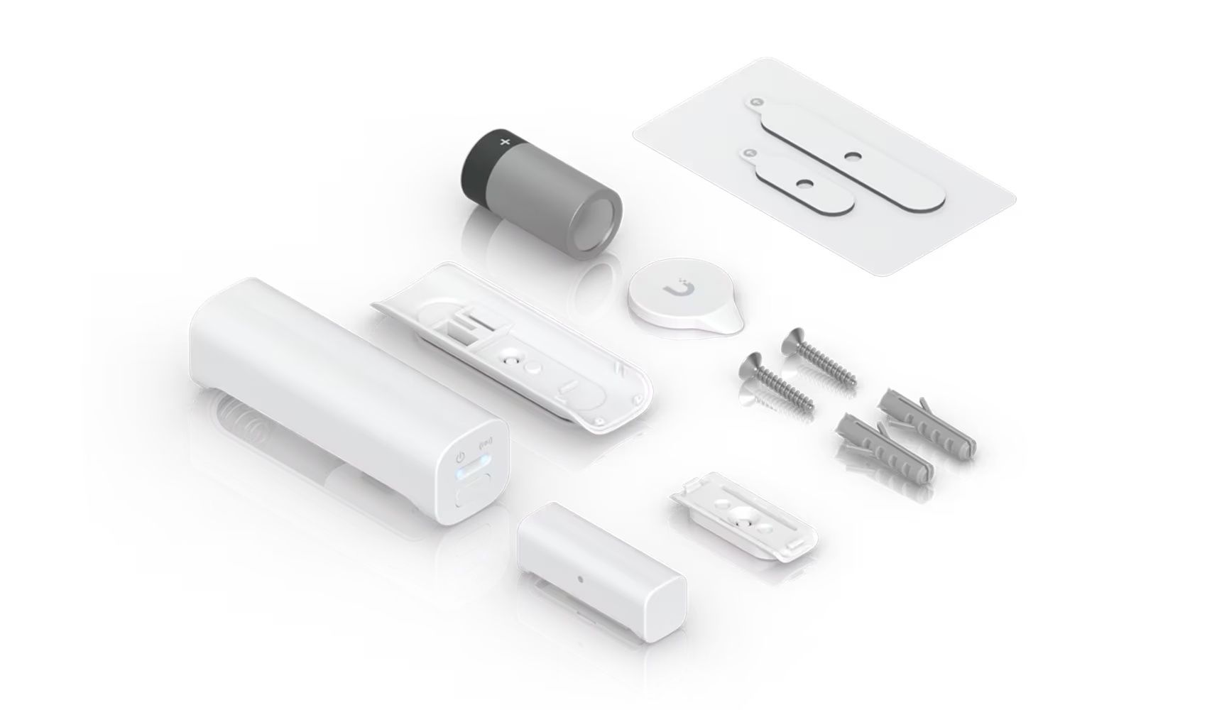 Verpakkingsinhoud van de Ubiquiti UniFi Entry Sensor, een SuperLink raam- en deursensor die het openen en sluiten detecteert