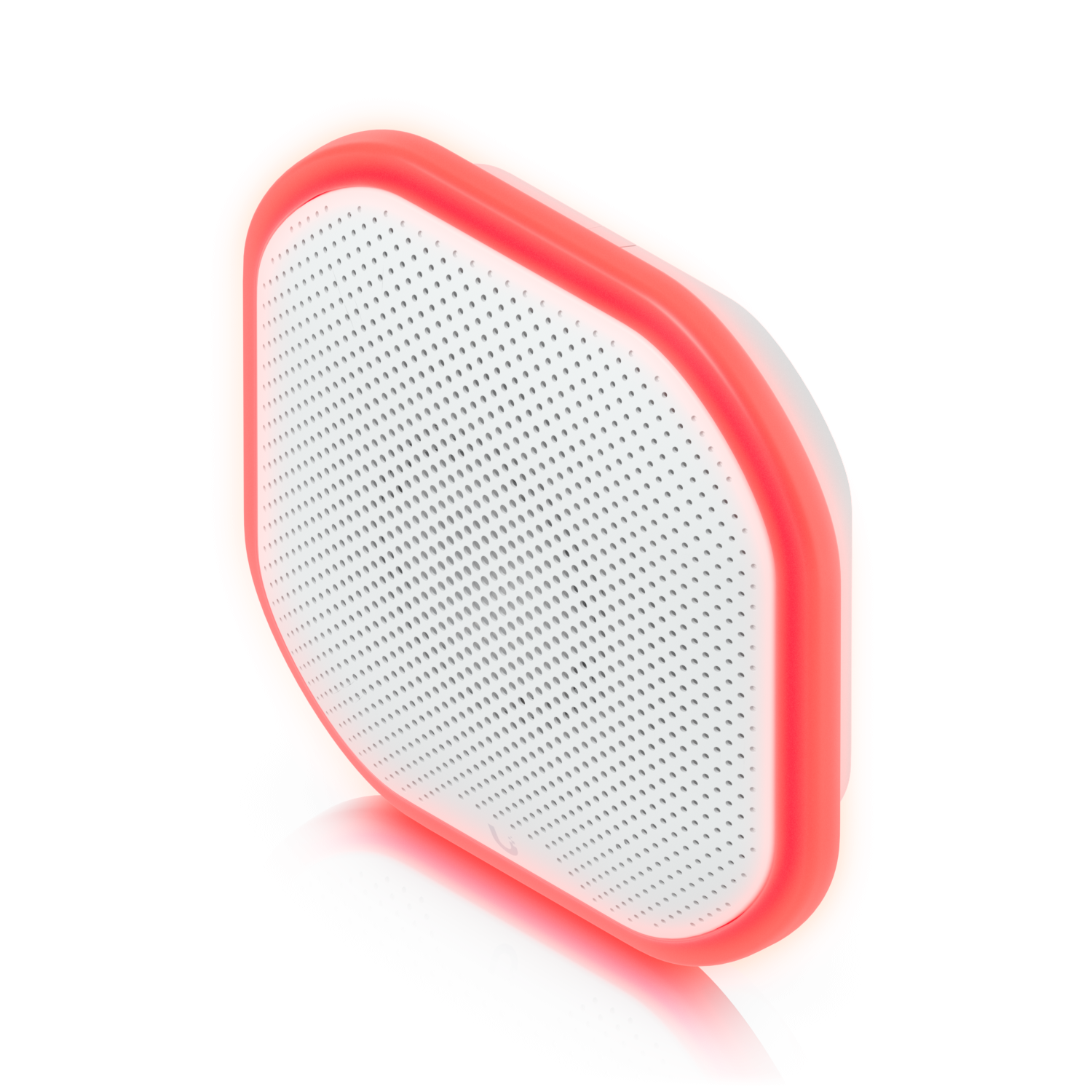 De Ubiquiti UniFi SuperLink Siren schuin van rechtsboven met de LED verlichting aan