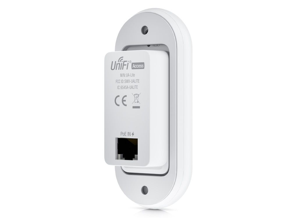 Schuin achteraanzicht van de Ubiquiti UniFi Reader Lite NFC kaartlezer voor toegangscontrole