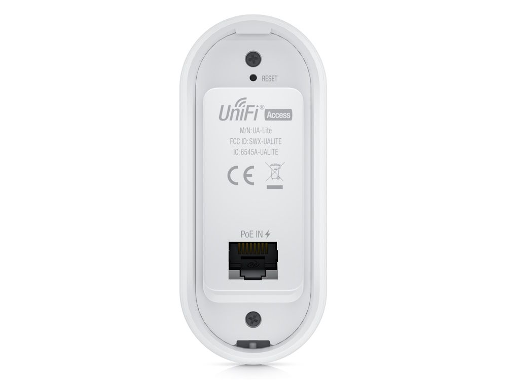 Achterkant van de Ubiquiti UniFi Reader Lite NFC kaartlezer voor toegangscontrole met ethernetpoort voor PoE voeding via de UniFi Access Hub.