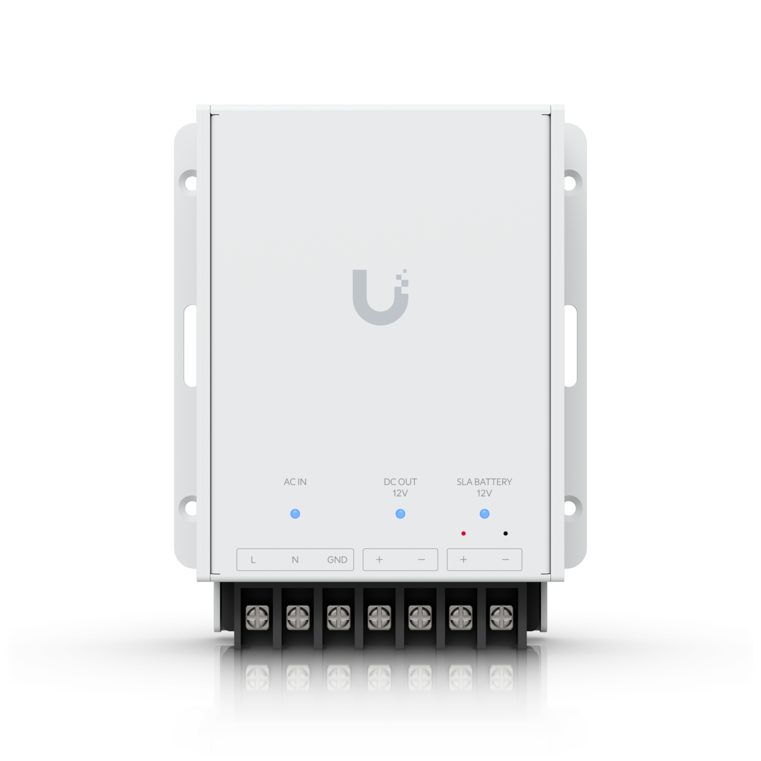 Voorkant van de Ubiquiti UniFi Retrofit PSU 12V voeding met statuslampjes en aansluitingen