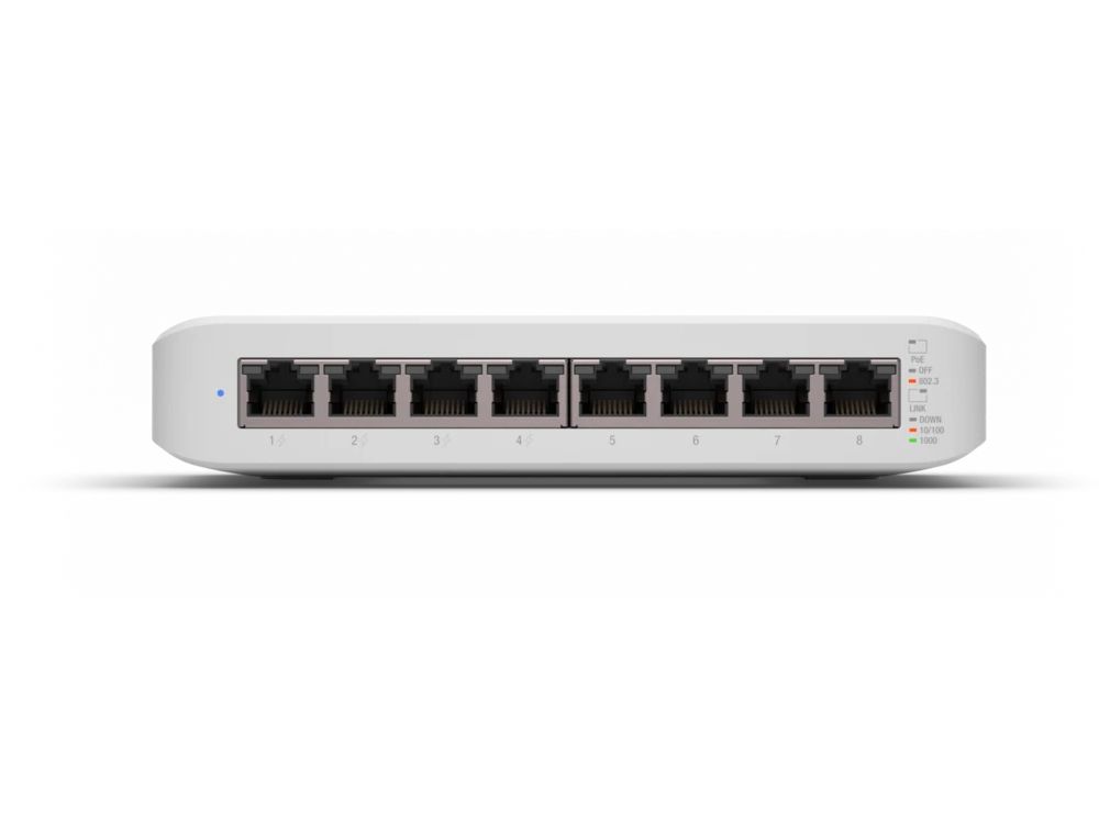 Ubiquiti UniFi Switch Lite 8 PoE fanless 8-poorts managed Gigabit switch voorkant met ethernetpoorten