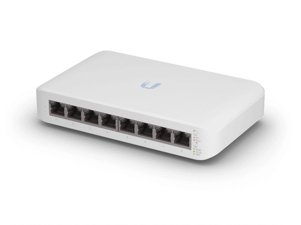 Voorkant van de Ubiquiti UniFi Switch Lite 8 PoE fanless 8-poorts managed Gigabit switch