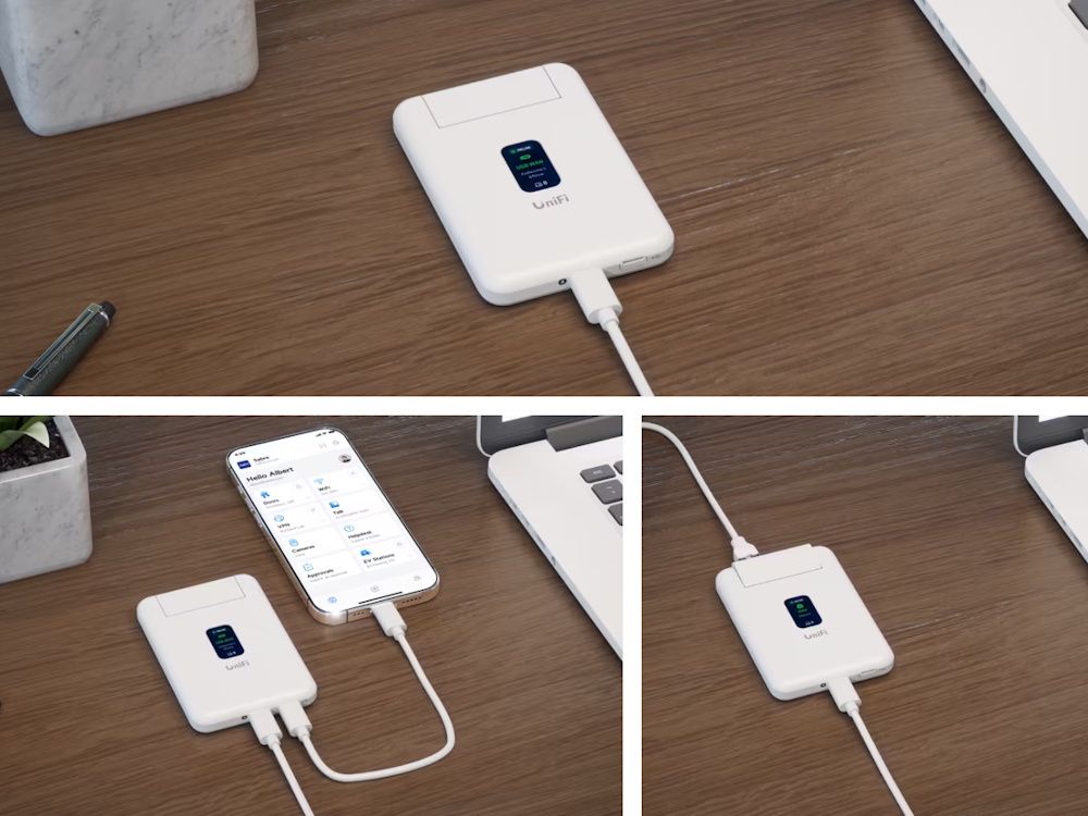 De Ubiquiti UniFi Travel Router compacte WiFi 5 VPN reisrouter in gebruik op een houten bureau met smartphone en laptop