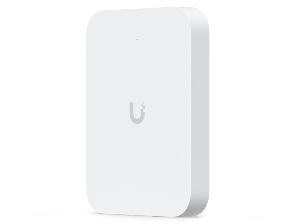 Rechter zijkant en voorkant van het Ubiquiti UniFi 7 In-Wall indoor WiFi 7 access point