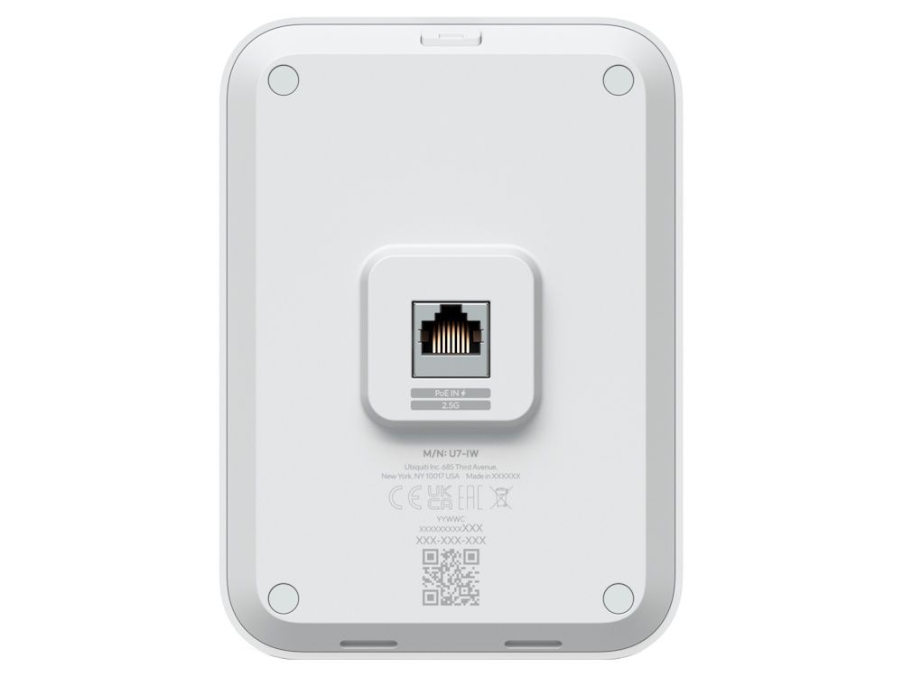 Achterkant van het Ubiquiti UniFi 7 In-Wall indoor WiFi 7 access point met de 2.5 Gigabit ethernetpoort met PoE+ input