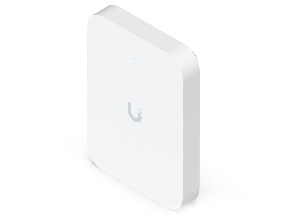 Het Ubiquiti UniFi 7 In-Wall indoor WiFi 7 access point schuin van boven