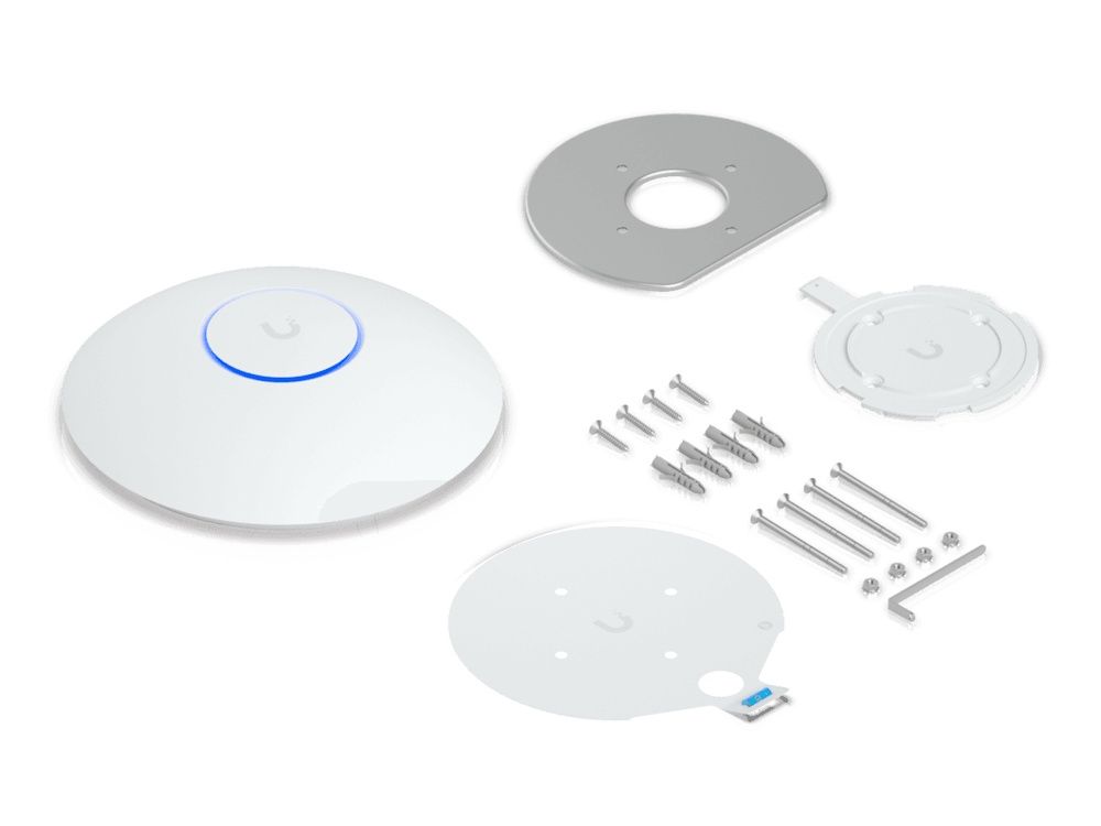 Verpakkingsinhoud van de Ubiquiti UniFi 7 Long-Range indoor WiFi 7 access point met bevestigingsmateriaal