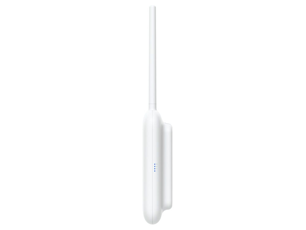 Zijkant Ubiquiti UniFi U7 Outdoor WiFi 7 access point met twee externe omni-antennes