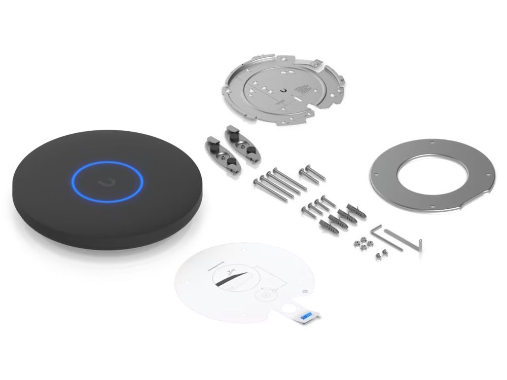 Verpakkingsinhoud van het Ubiquiti UniFi U7 Pro XG Indoor WiFi 7 Access Point met montagebeugels