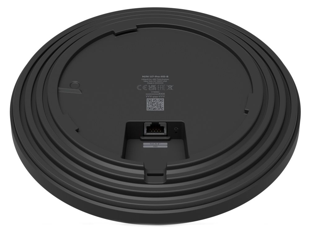 Achterkant en onderkant van het Ubiquiti UniFi U7 Pro XG Indoor WiFi 7 Access Point met de ethernetpoort
