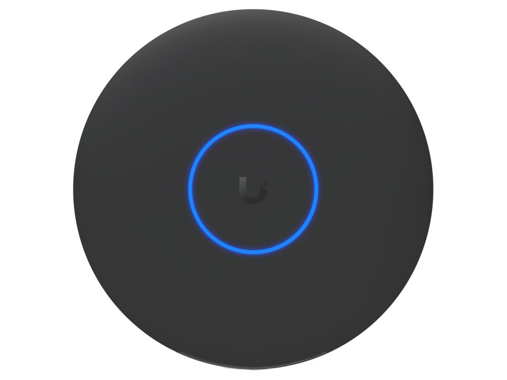 Voorkant van het Ubiquiti UniFi U7 Pro XGS Indoor 8-stream WiFi 7 Access Point in het zwart