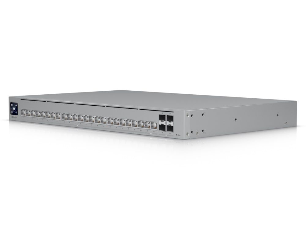 Rechter zijkant en voorkant van de Ubiquiti UniFi Pro HD 24 switch (USW-Pro-HD-24)