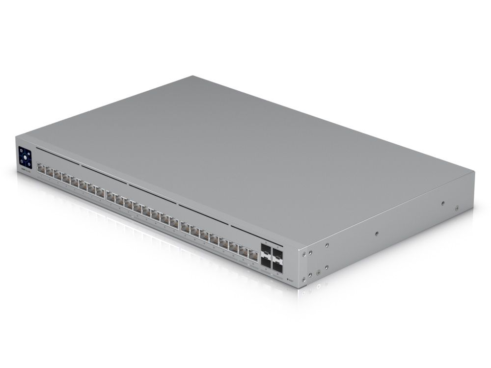 De Ubiquiti UniFi Pro HD 24 switch (USW-Pro-HD-24) van schuin boven