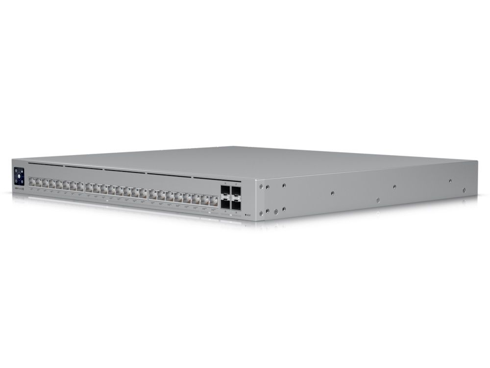 Rechter zijkant en voorkant van de Ubiquiti UniFi Pro HD 24 PoE switch (USW-Pro-HD-24-PoE) 