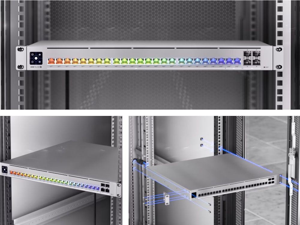 De Ubiquiti UniFi Pro HD 24 PoE switch met Etherlighting aan, geplaatst in een serverrack