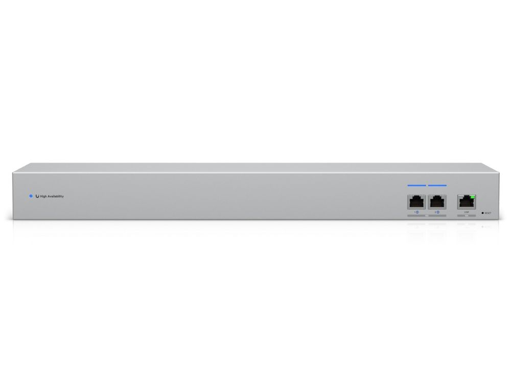 Voorkant van de Ubiquiti UniFi 10G RJ45 WAN Switch (USW-WAN-RJ45) met twee 10G RJ45 uitgangen en een 10G RJ45 input vanaf de ISP