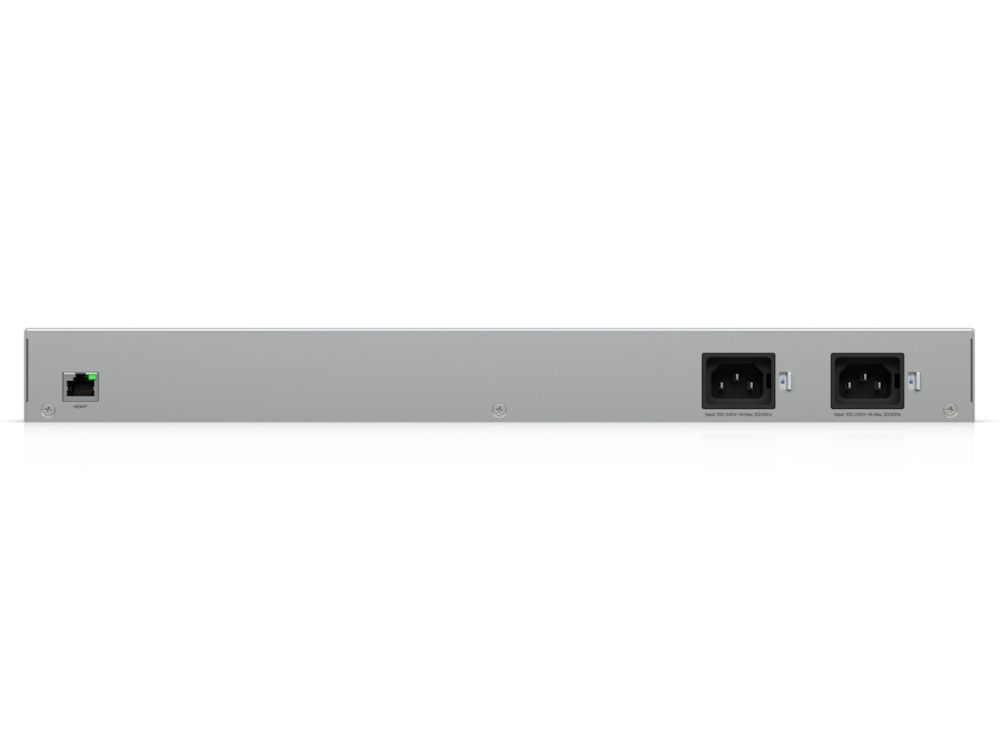 Achterkant van de Ubiquiti UniFi 10G RJ45 WAN Switch (USW-WAN-RJ45) met twee redundante AC stroomaansluitingen en de Gigabit RJ45 managementpoort