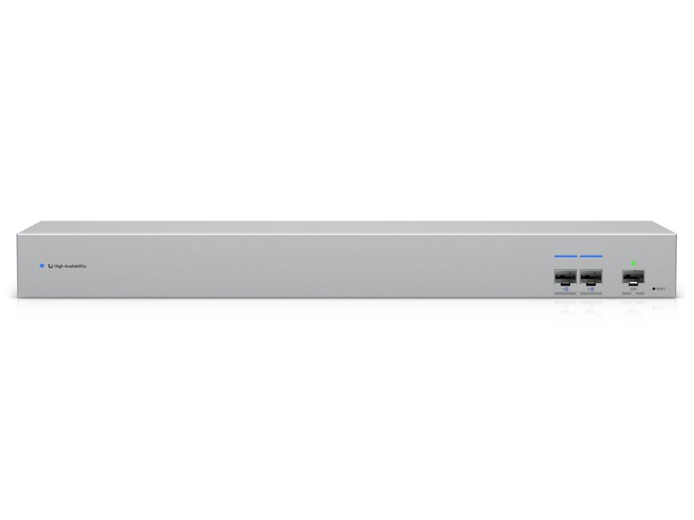 Voorkant van de Ubiquiti UniFi 10G SFP+ WAN Switch (USW-WAN) met twee 10G SFP+ uitgangen en een 10G SFP+ input vanaf de ISP
