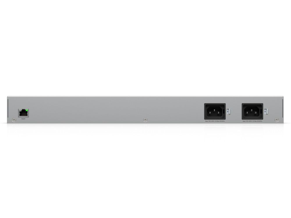 Achterkant van de Ubiquiti UniFi 10G SFP+ WAN Switch (USW-WAN) met twee redundante AC stroomaansluitingen en de Gigabit RJ45 managementpoort