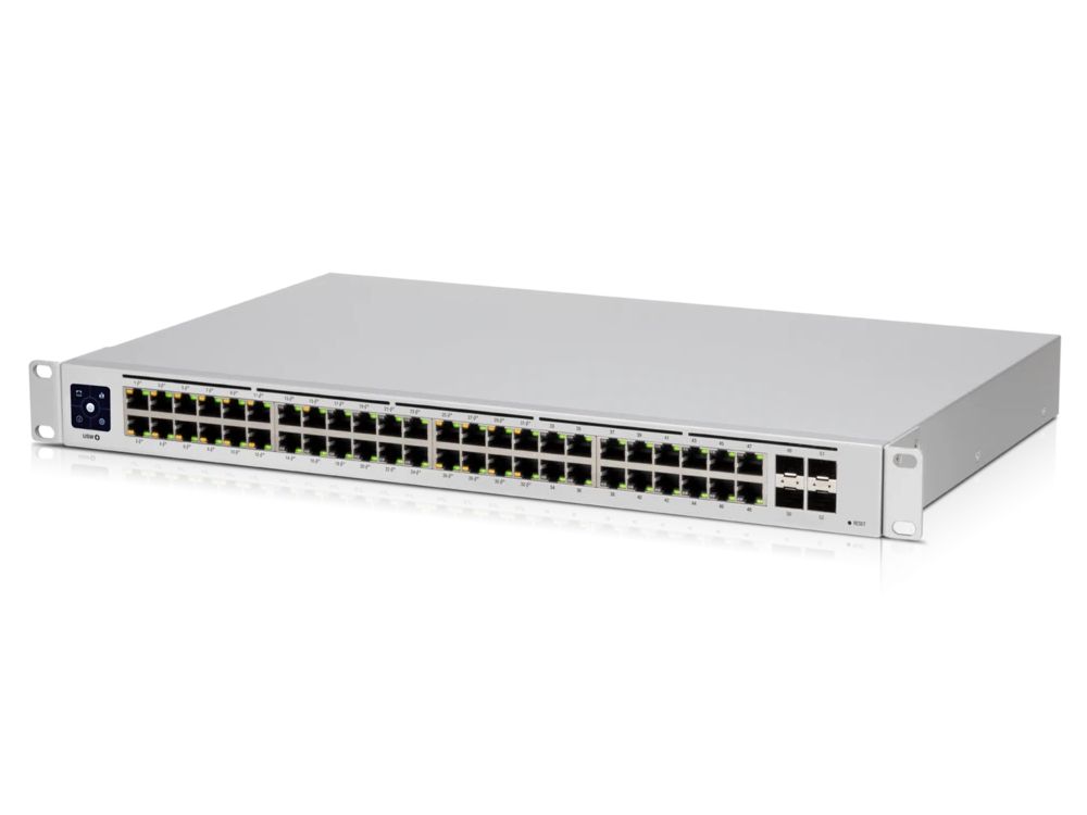 Bovenkant, zijkant en voorkant van de Ubiquiti UniFi USW-48-POE Gen2 managed 48-poorts PoE+ netwerk switch