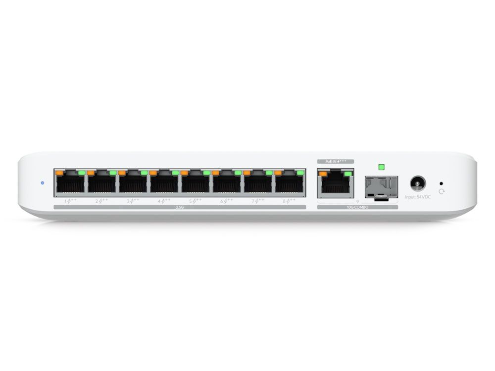 Voorkant van de compacte Ubiquiti UniFi Flex 2.5G PoE 8-poorts managed PoE++ switch met alle ethernetpoorten en de combopoort