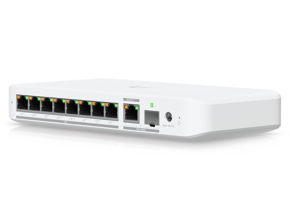 Zijkant en voorkant van de compacte Ubiquiti UniFi Flex 2.5G PoE 8-poorts managed PoE++ switch met alle poorten