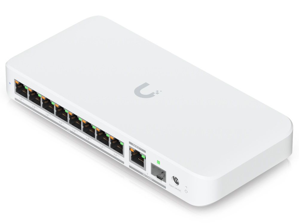 Bovenkant en voorkant van de compacte Ubiquiti UniFi Flex 2.5G PoE 8-poorts managed PoE++ switch met alle aansluitpoorten