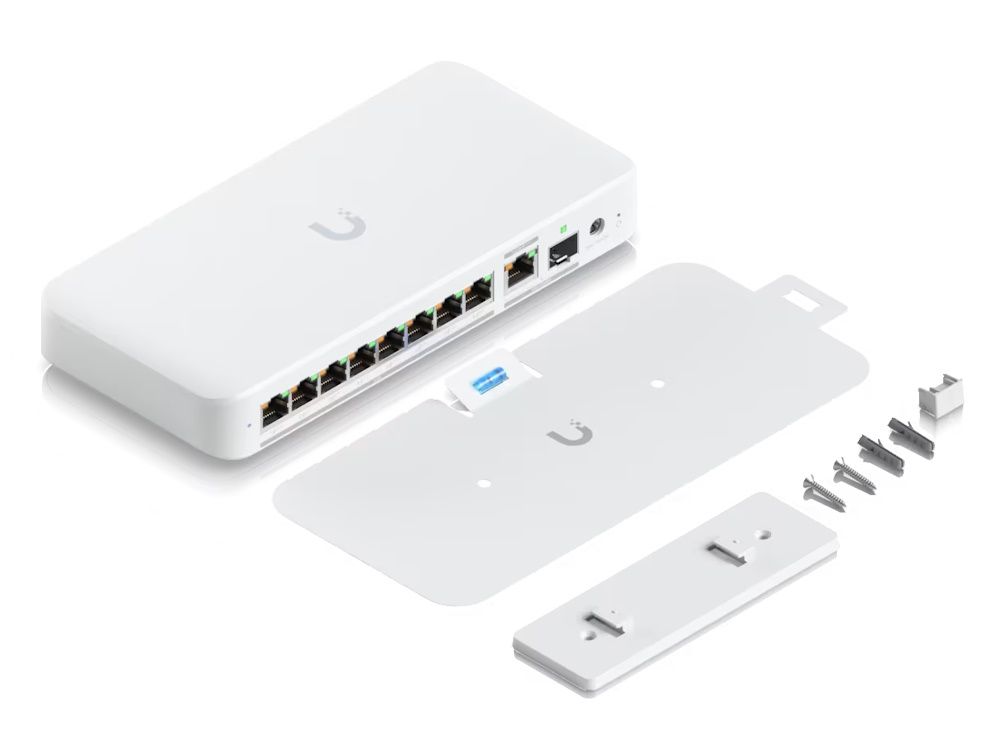 Verpakkingsinhoud van de compacte Ubiquiti UniFi Flex 2.5G PoE 8-poorts managed PoE++ switch met montagemateriaal voor muurbevestiging