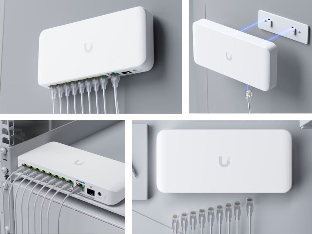 De compacte Ubiquiti UniFi Flex 2.5G PoE 8-poorts managed PoE++ switch aan de muur geïnstalleerd op kantoor