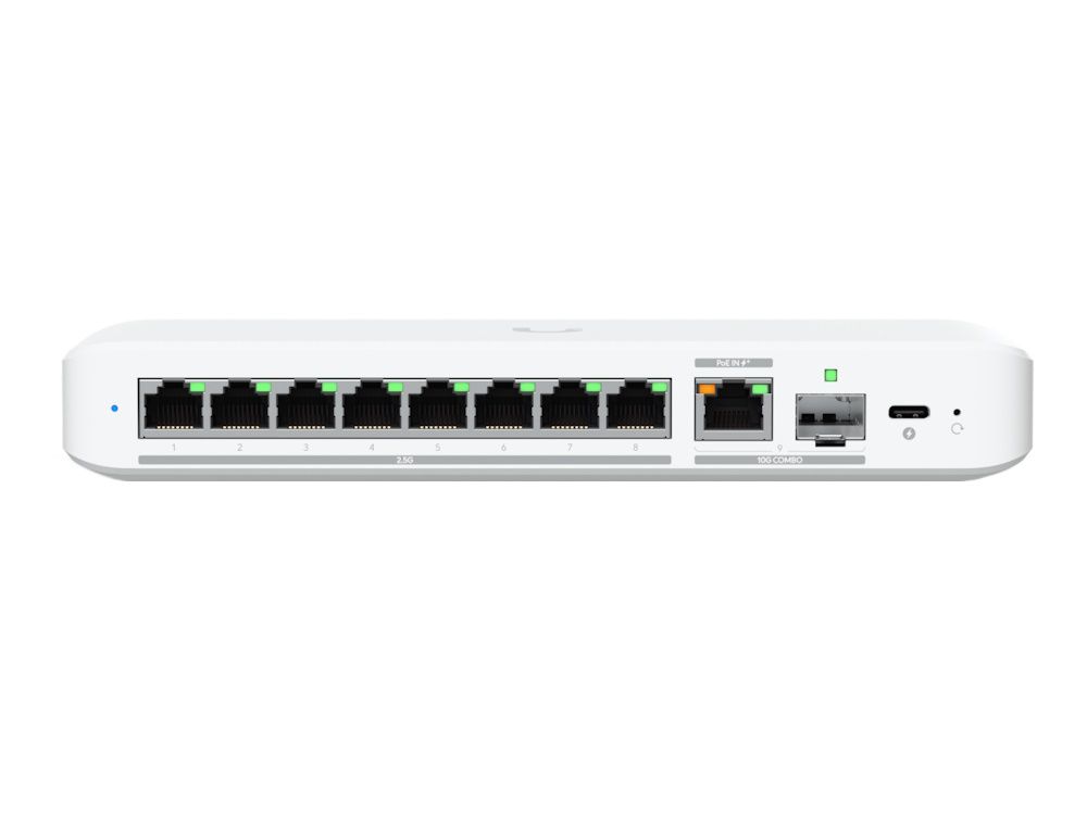 Voorkant van de compacte Ubiquiti UniFi Flex 2.5G 8-poorts managed switch met alle ethernetpoorten, 10G SFP+ poort en USB-C poort