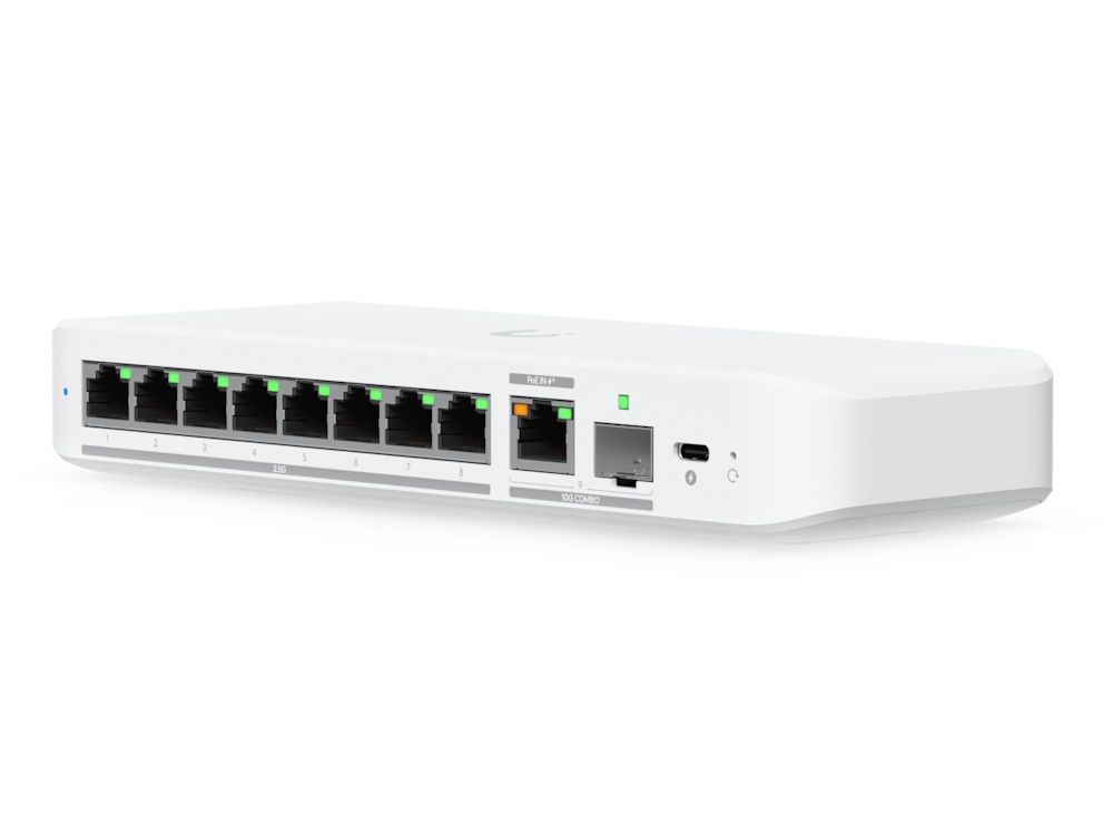 Zijkant en voorkant van de compacte Ubiquiti UniFi Flex 2.5G 8-poorts managed switch met alle aansluitpoorten