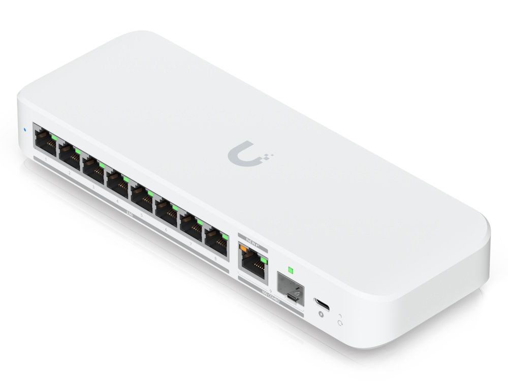 Bovenkant en voorkant van de compacte Ubiquiti UniFi Flex 2.5G 8-poorts managed switch