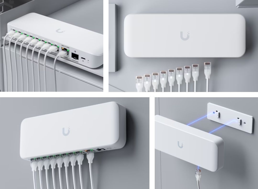 De compacte Ubiquiti UniFi Flex 2.5G 8-poorts managed switch geïnstalleerd op een kantoor aan de muur