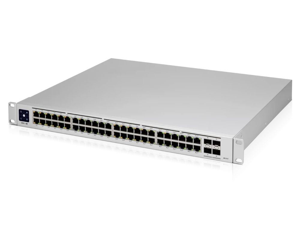 Bovenaanzicht en voorkant van de 48-poorts Ubiquiti UniFi USW-Pro-48-POE Gen2 netwerk switch