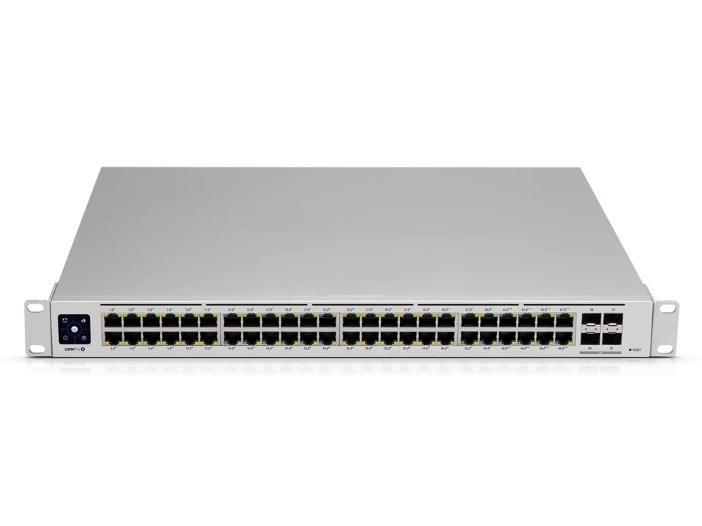 Voorkant van de 48-poorts Ubiquiti UniFi USW-Pro-48-POE Gen2 netwerk switch met alle poorten