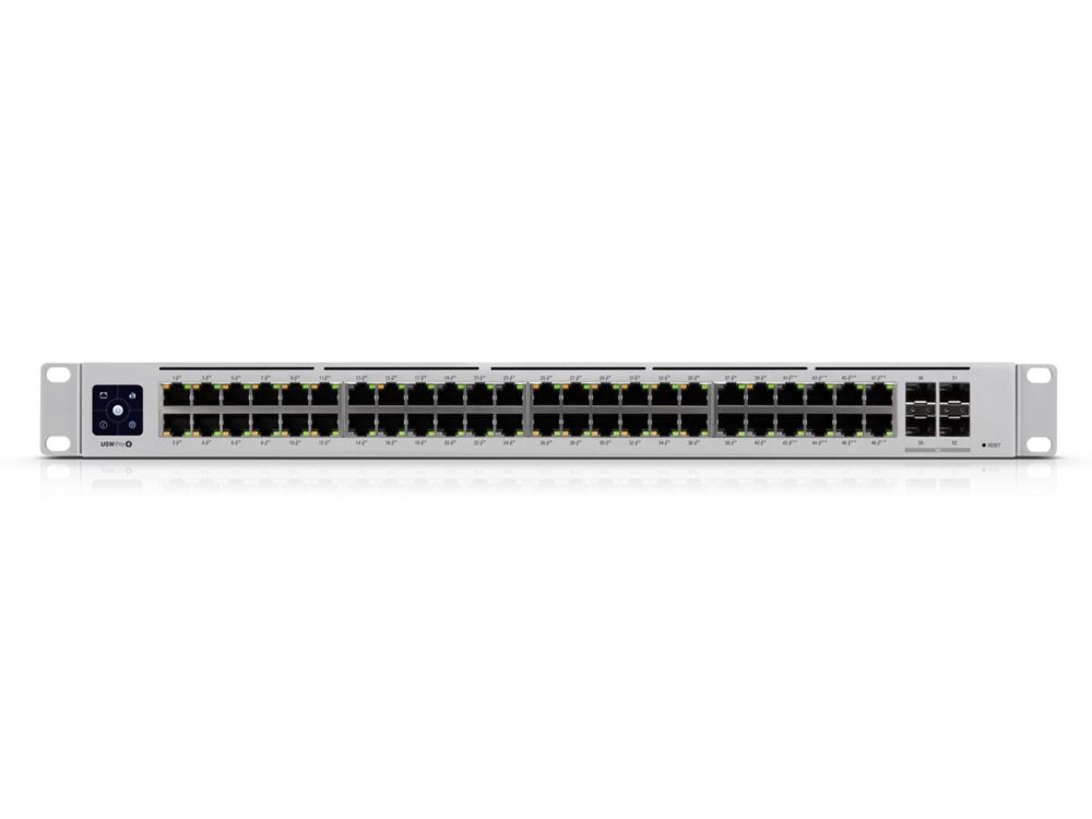 Voorkant van de 48-poorts Ubiquiti UniFi USW-Pro-48-POE Gen2 netwerk switch met montagebeugel