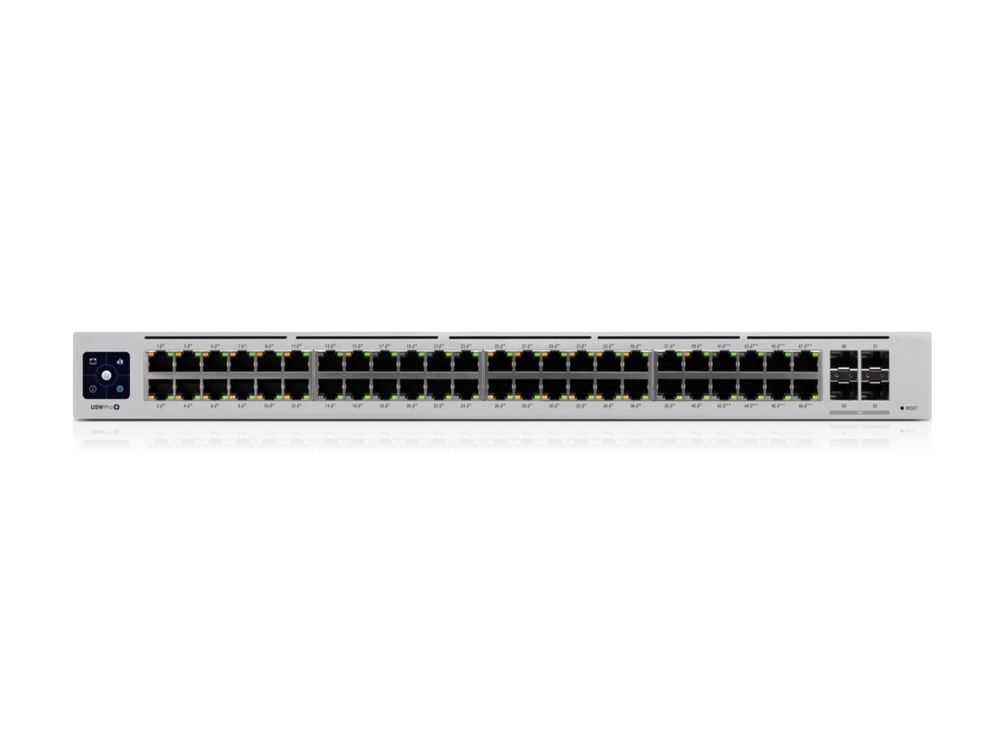 Voorkant van de 48-poorts Ubiquiti UniFi USW-Pro-48-POE Gen2 netwerk switch met alle ethernetpoorten