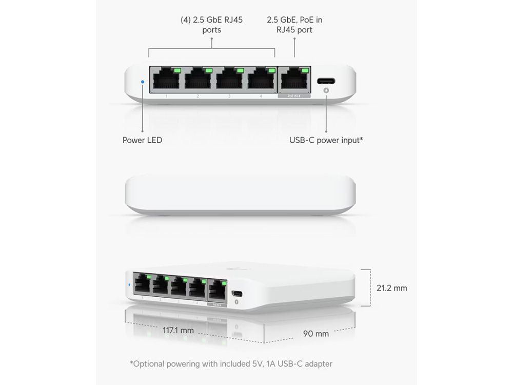 Ubiquiti Flex Mini 2.5G 5-poorts Compacte Managed Switch lagenda