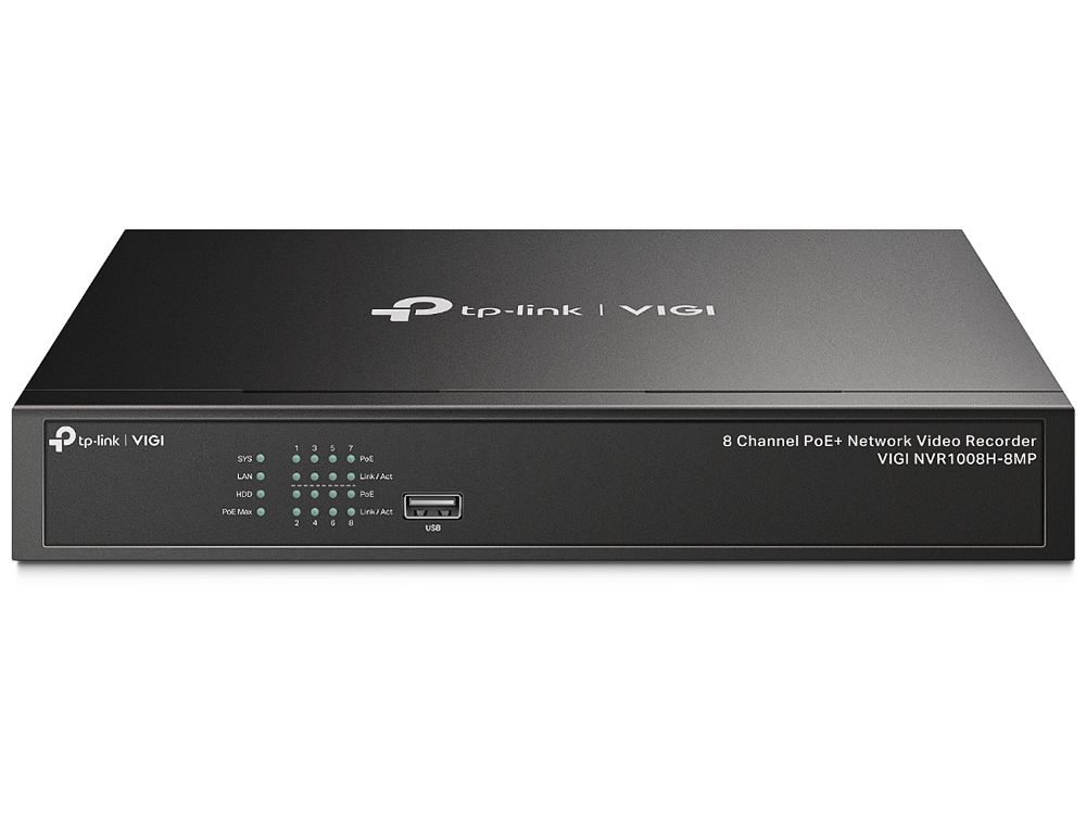 Bovenkant en voorkant van de TP-Link VIGI NVR1008H-8MP 8-kanaals PoE+ NVR met USB poort en status leds