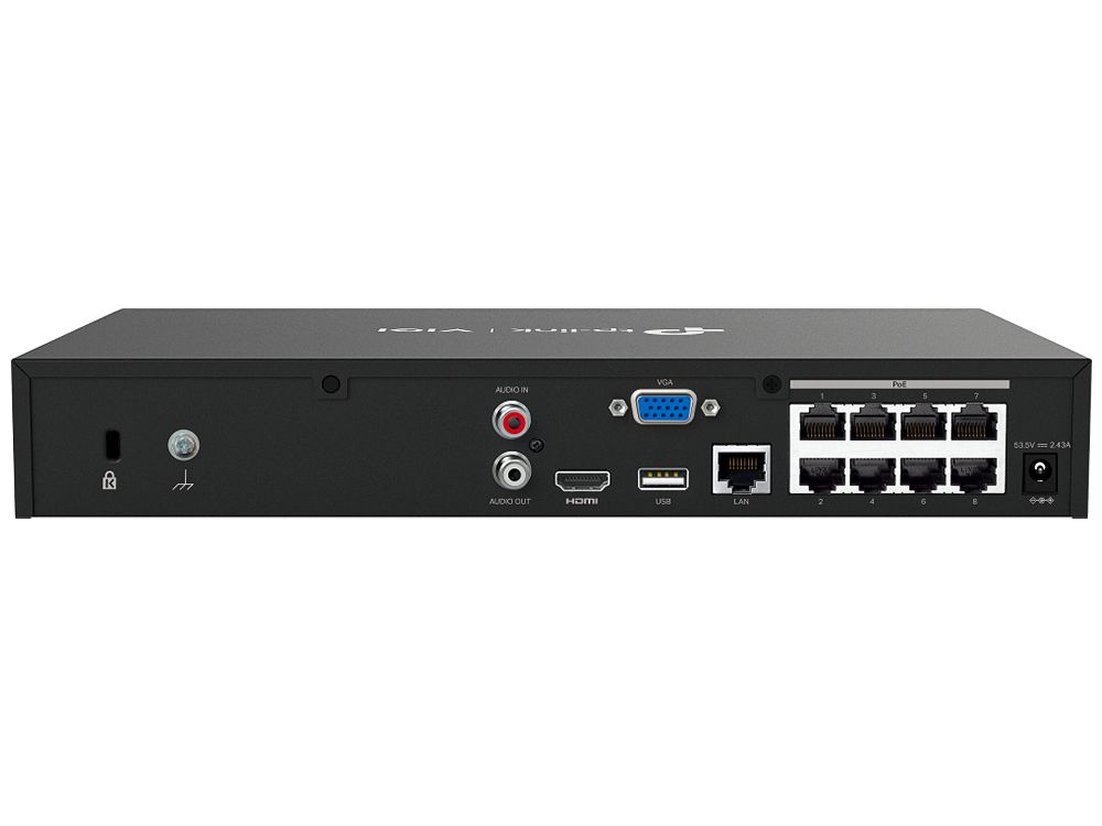 Achterkant van de TP-Link VIGI NVR1008H-8MP 8-kanaals NVR met PoE+ ethernetpoorten en andere aansluitingen zoals HDMI en VGA