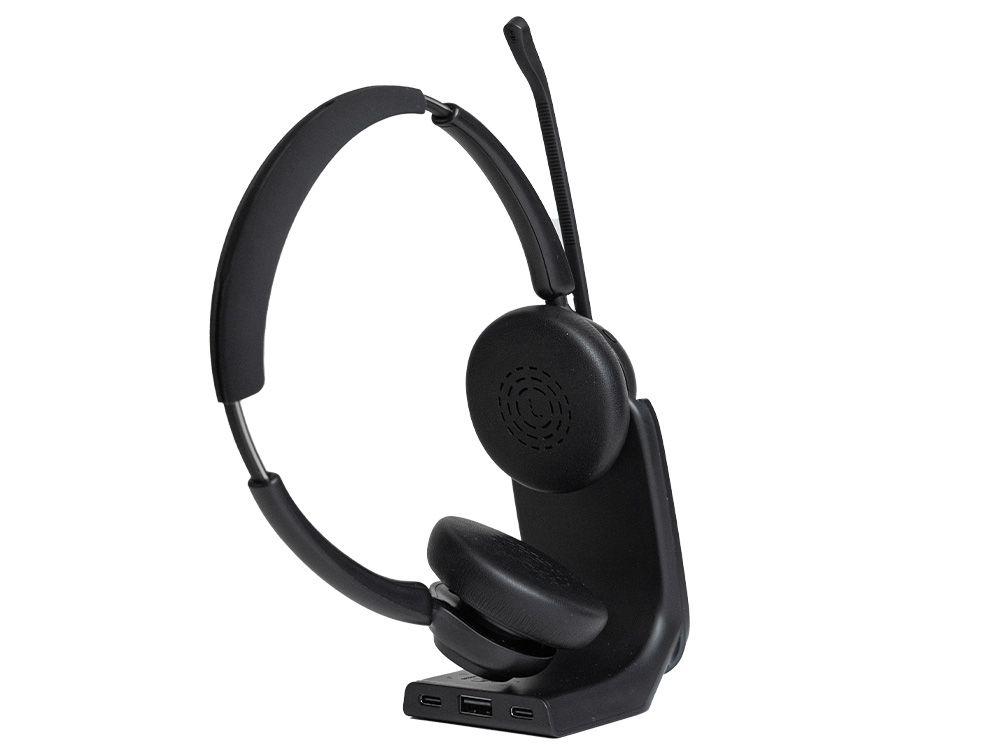 Achterkant van de Voxiz Wireless draadloze Bluetooth kantoor headset op het laadstation