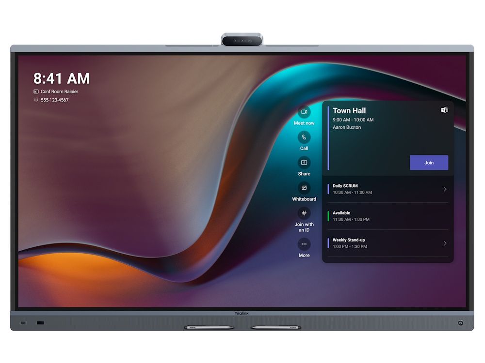 Voorkant van de Yealink MeetingBoard 65 Pro all-in-one vergaderoplossing met touchscreen en 4K camera voor videovergaderingen en presentaties