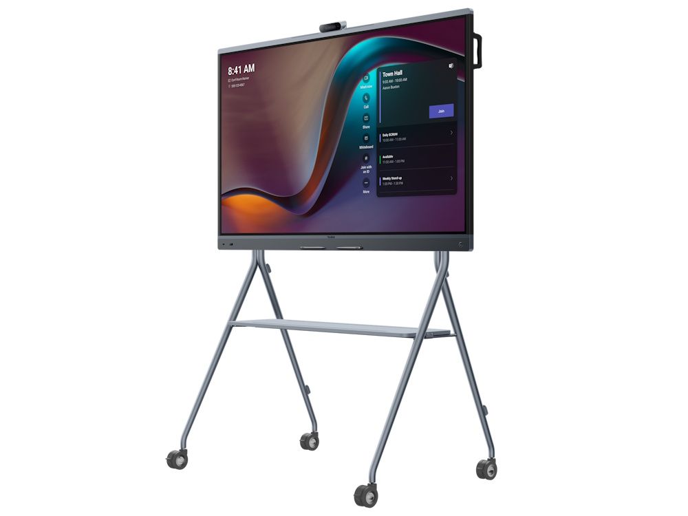De Yealink MeetingBoard 75 Pro all-in-one vergaderoplossing met touchscreen en 4K camera voor videovergaderingen en presentaties op een verrijdbare vloerstandaard